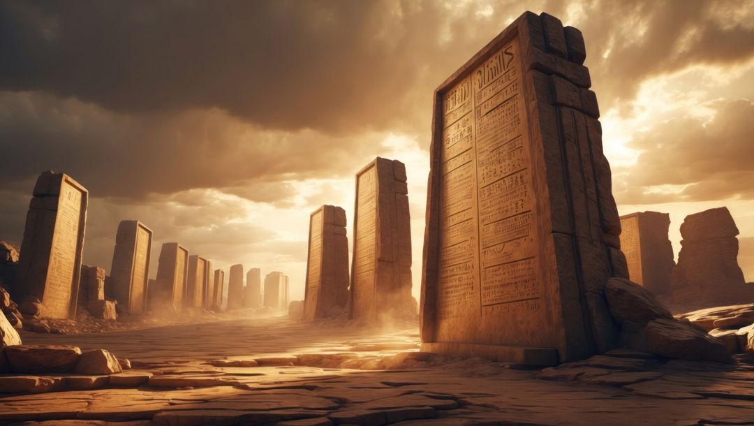 Ancient stone monoliths with glyphs in desert landscape at dusk, ten commandments concept