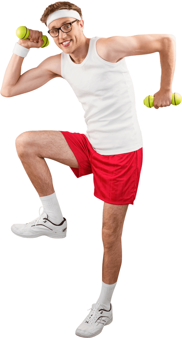Geeky Hipster Exercising with Dumbbells Transparent Background Stock Image