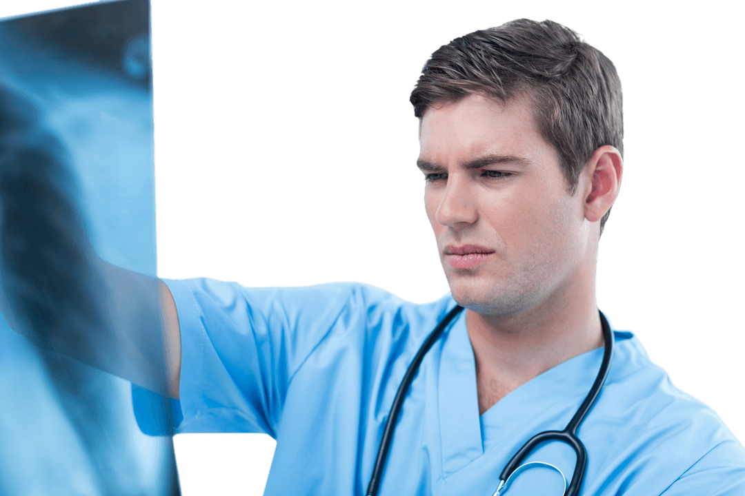 Male Doctor Examining X-Ray with Transparent Background