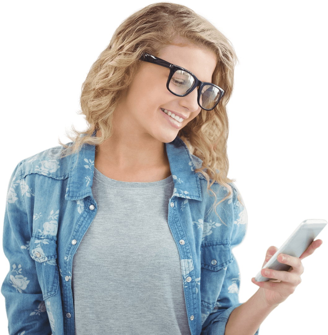 Smiling Woman Using Smartphone Wearing Transparent Eyeglasses