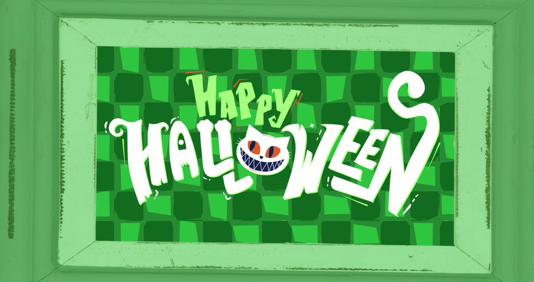 Happy Halloween Message with Smiling Cat on Green Checked Background - Free Images, Stock Photos and Pictures on Pikwizard.com