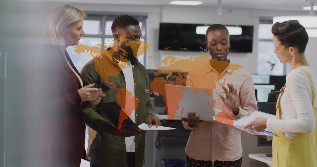 Diverse Team Collaborating Over Global Data Presentation in Office