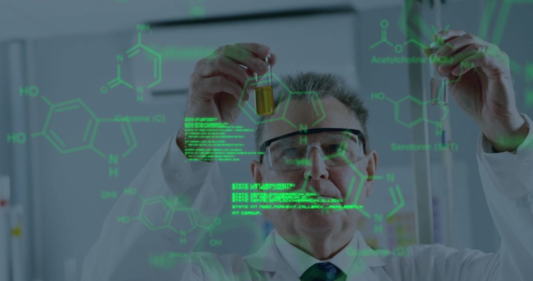 Caucasian Scientist Examining Chemical Samples with Digital Interface Overlay