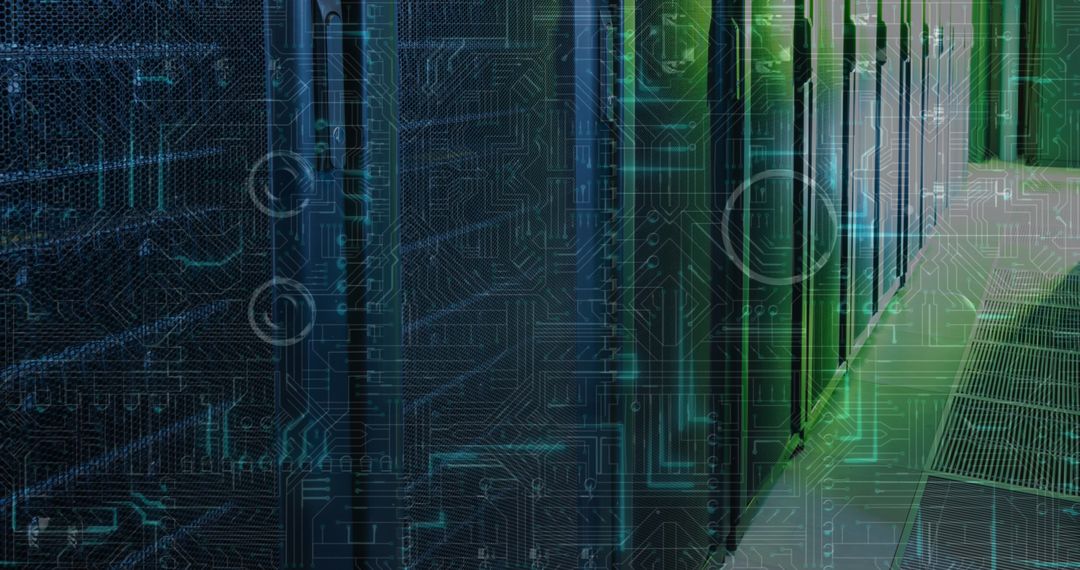 Digital Circuit Board Overlay on Modern Server Racks