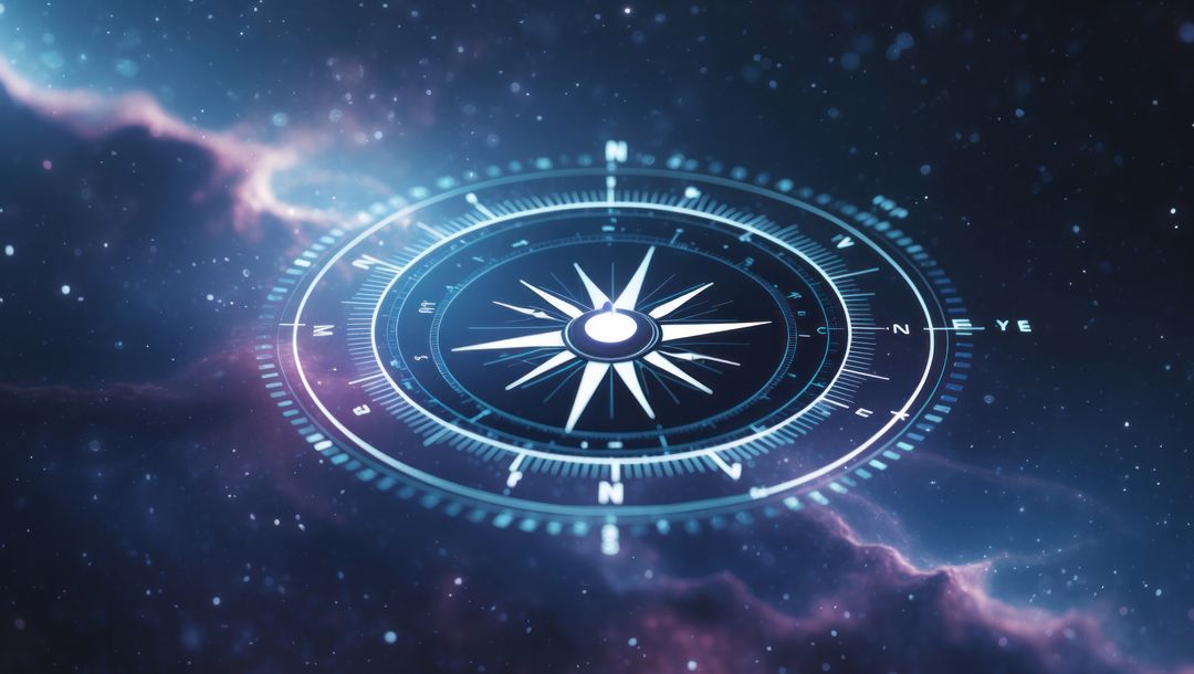 Futuristic Compass Rose in Outer Space with Nebula Clouds