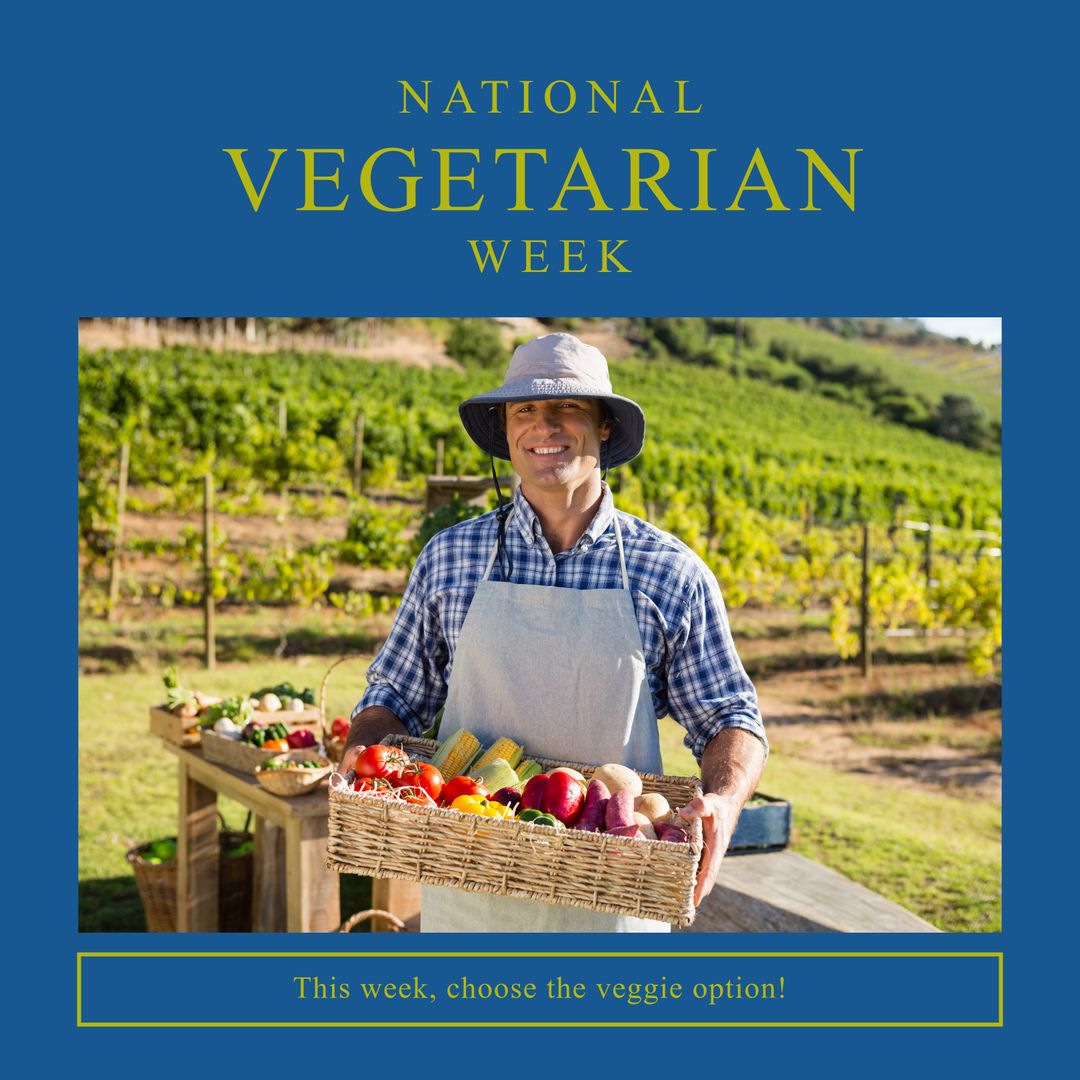 Smiling Farmer Promotes National Vegetarian Week with Fresh Vegetables