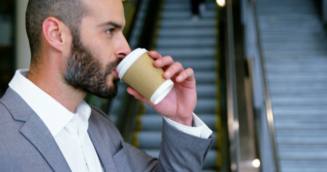 Businessman Drinking Coffee Near Escalator in Modern Office Building - Free Images, Stock Photos and Pictures on Pikwizard.com