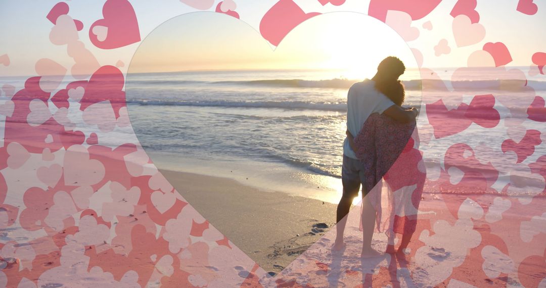 Romantic Couple Embracing on Beach at Summer Sunset with Heart Overlay - Free Images, Stock Photos and Pictures on Pikwizard.com