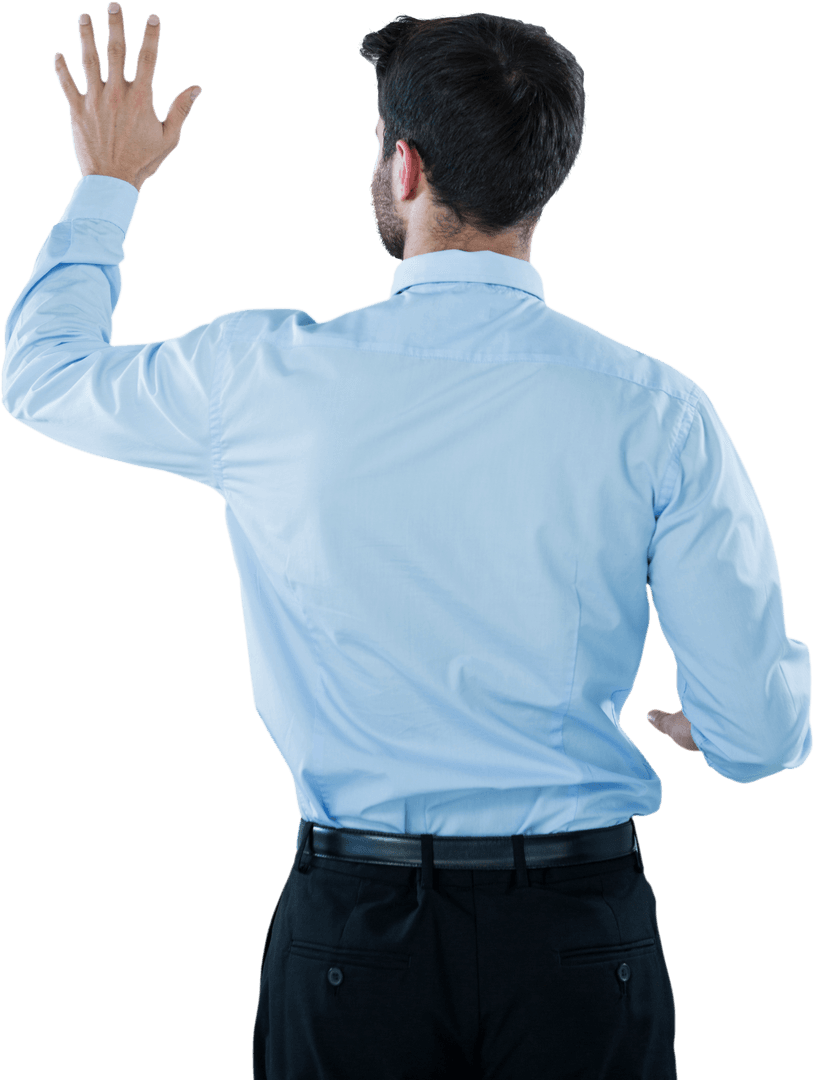 Businessman Touching Transparent Future Interface Rear View