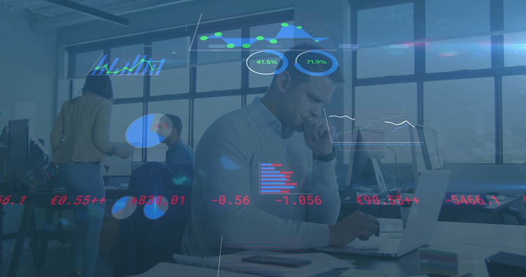 Focused Professional Analyzes Data with Digital Overlays in Modern Office