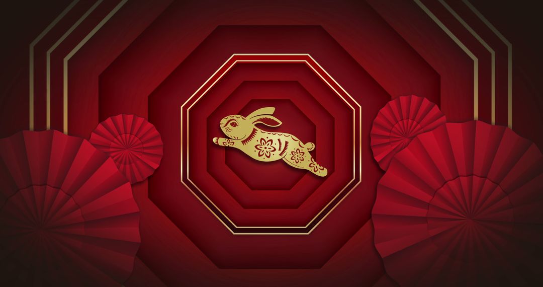 Chinese New Year Rabbit Icon on Red Geometric Background
