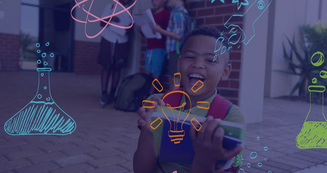 Joyful Schoolboy with Science Icons Emphasizing Education