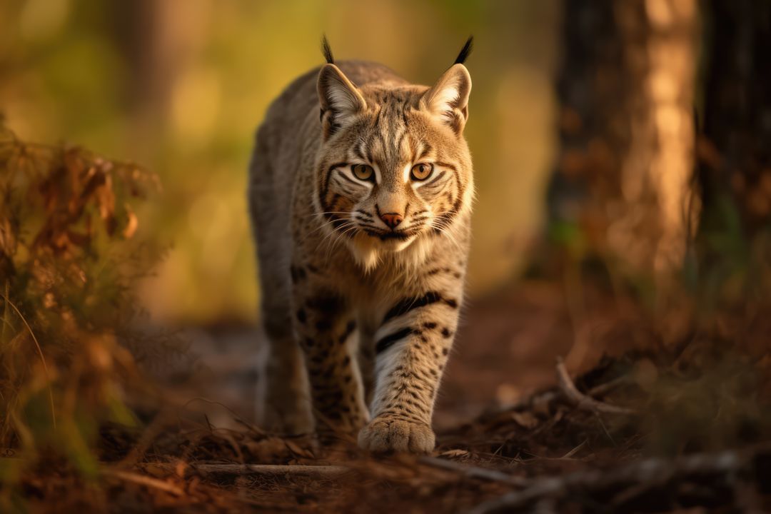 Wild bobcat walking through forest at sunset - Free Images, Stock Photos and Pictures on Pikwizard.com