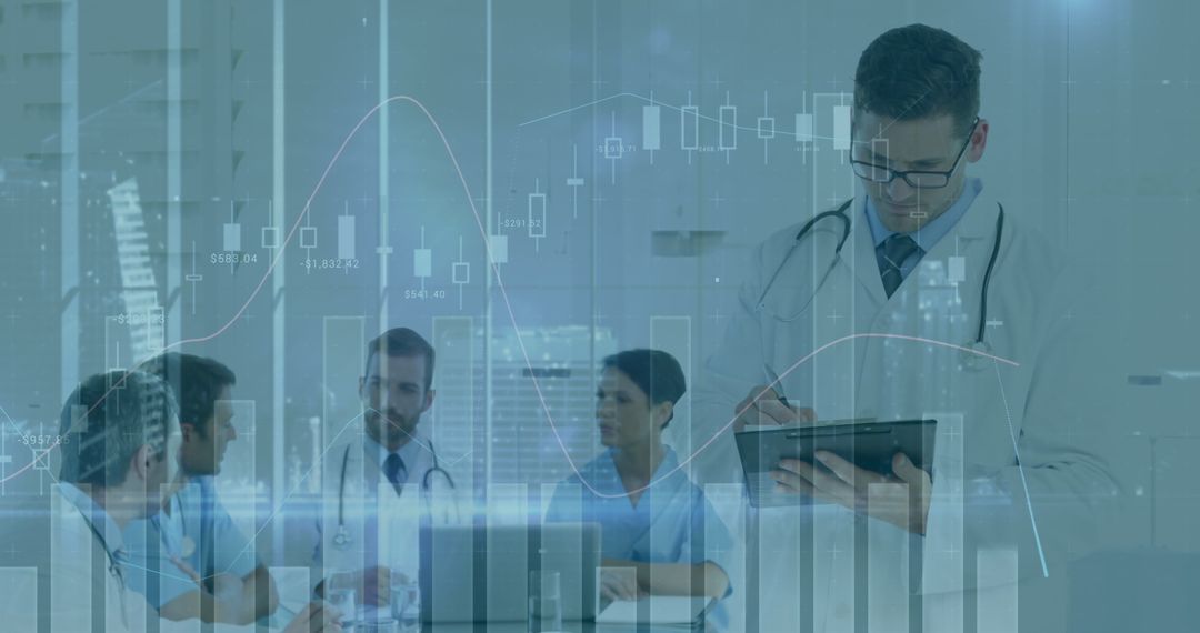 Doctor Analyzing Data Amidst Medical Team Discussion Overlay