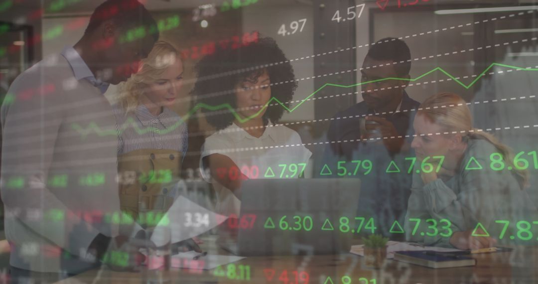 Diverse Team Analyzing Financial Data with Market Graph Overlays