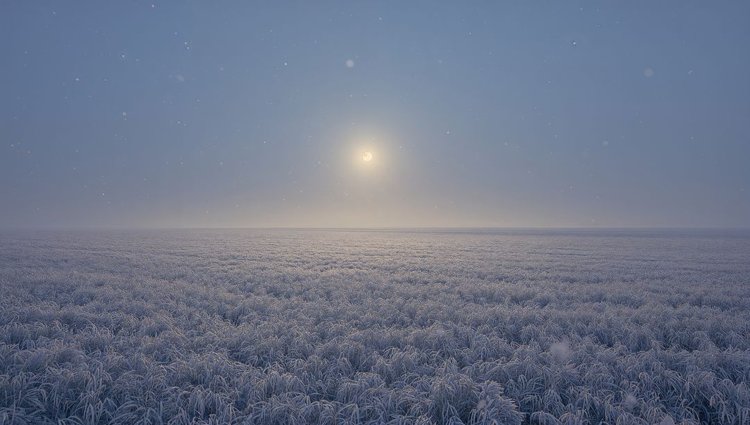 Frosted Meadow at Dawn with Pale Sun Halo, Misty Horizon and Hoarfrost Grass Field