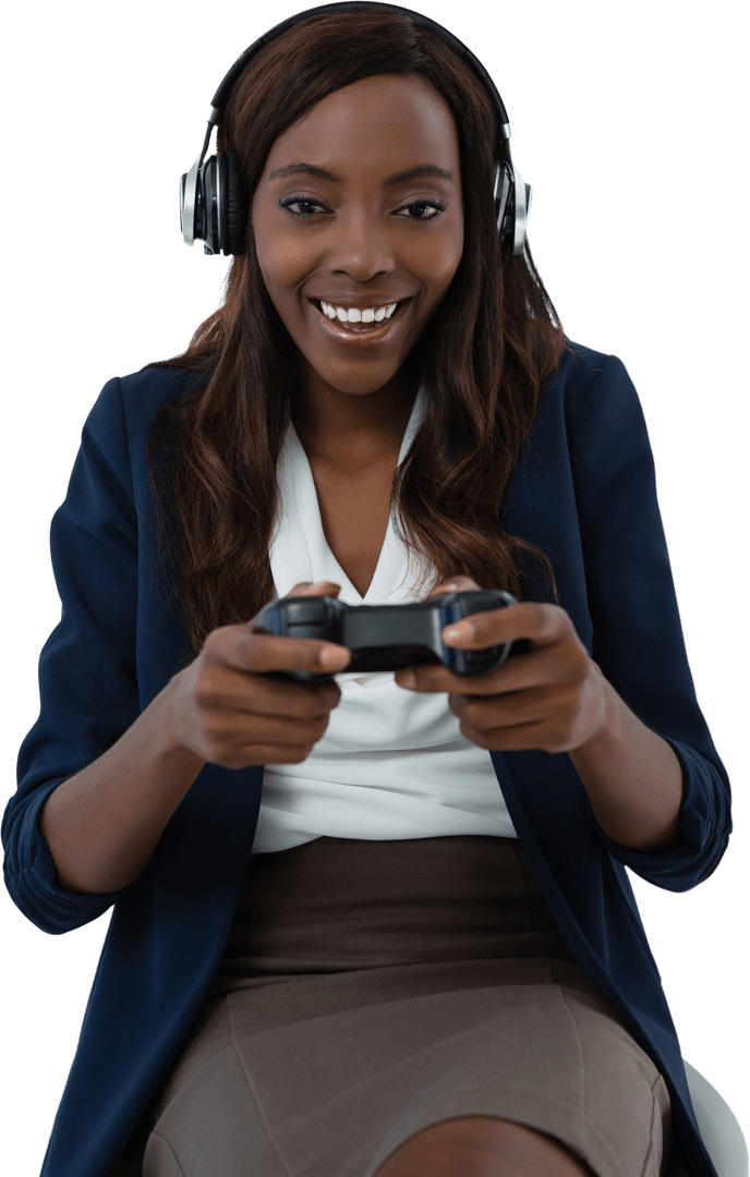 Transparent Excited Woman Playing Video Game with Headphones