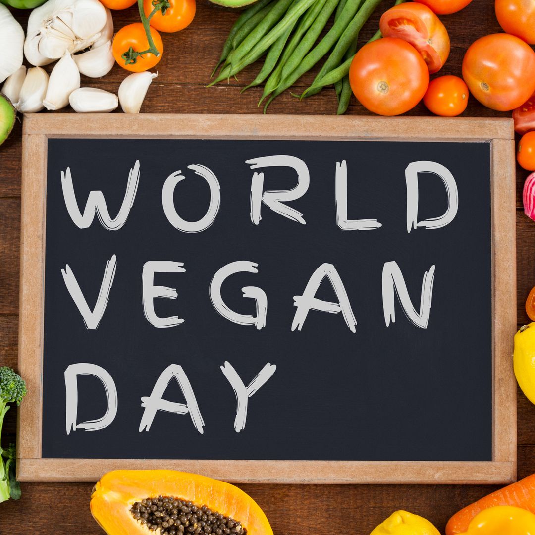 World Vegan Day Chalkboard Surrounded by Fresh Vegetables