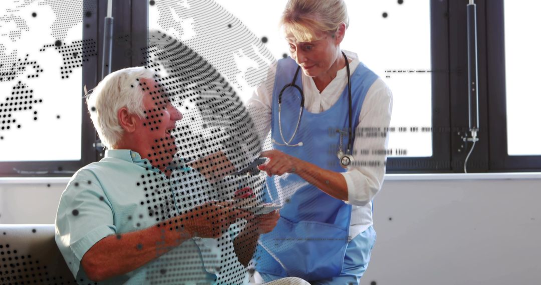 Nurse handing medication to senior patient in clinic with dotted digital overlay