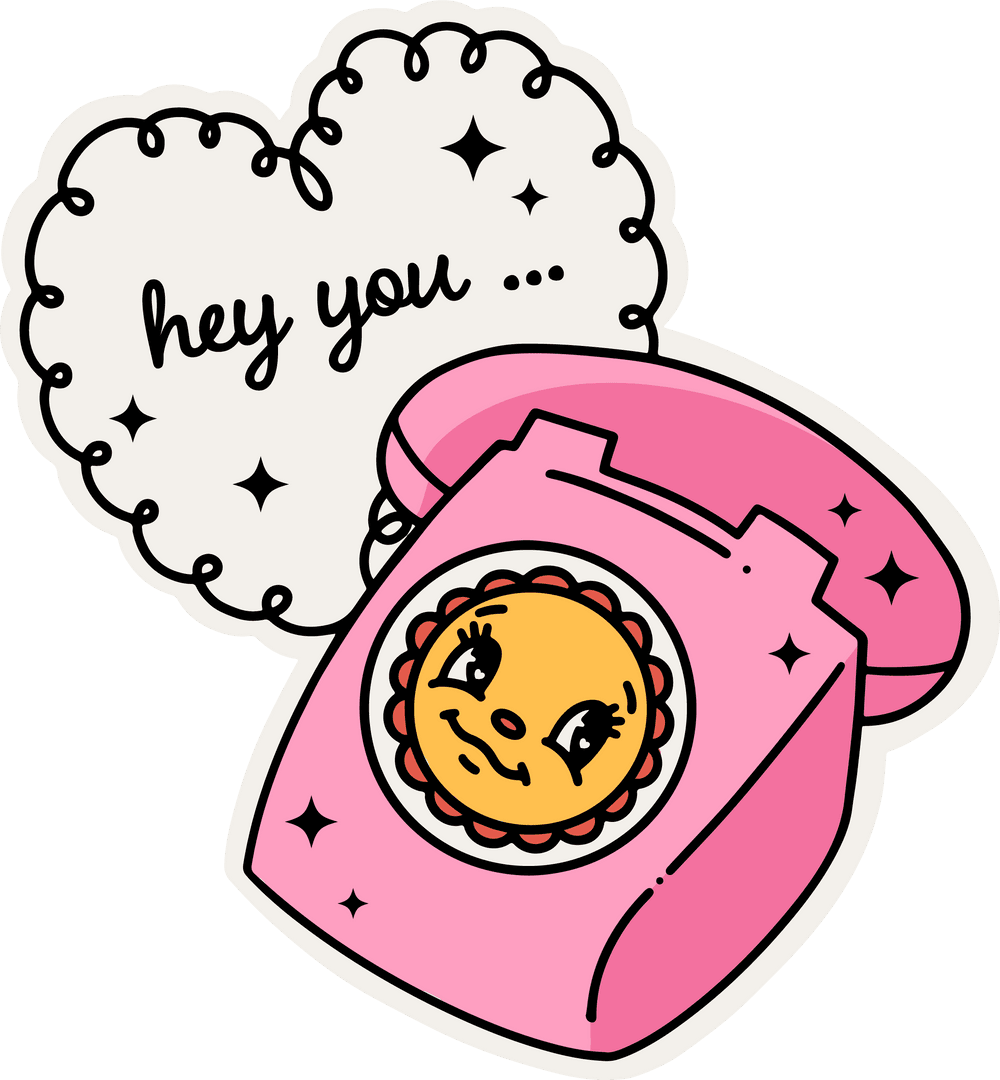 Retro Cartoon Phone with Sun Face and Heart Bubble Transparent Style