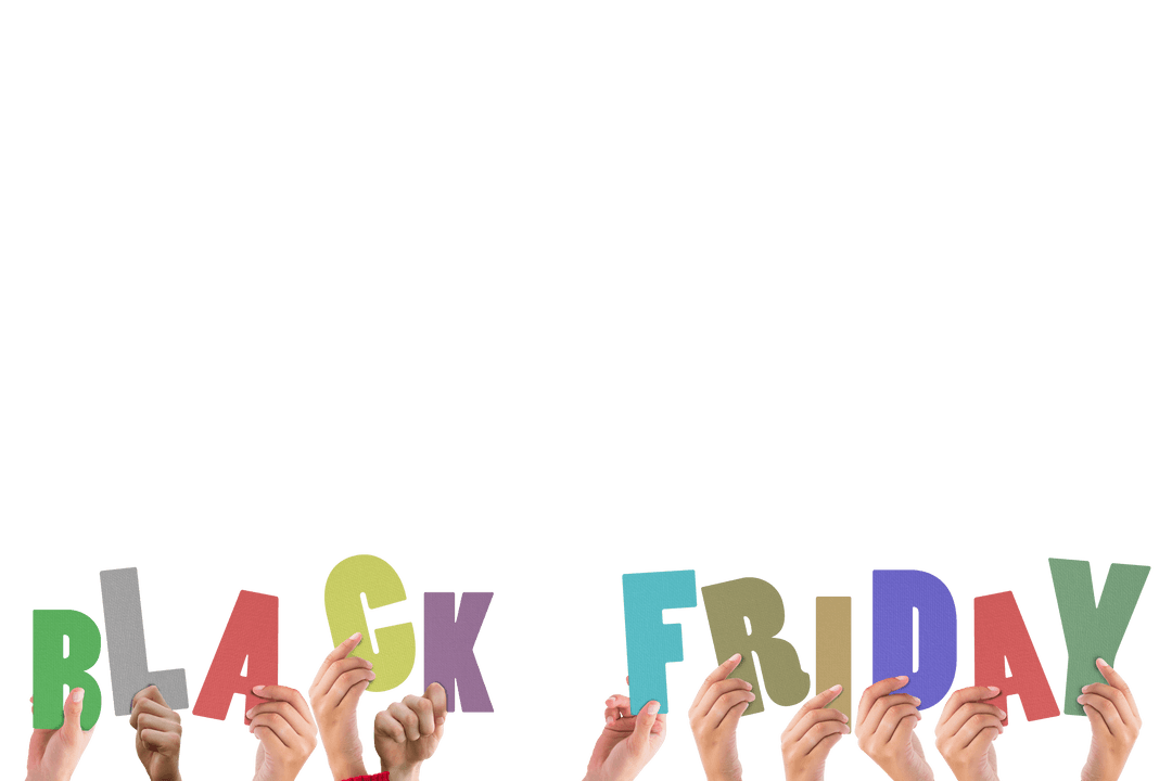 Diverse Hands Lifting Black Friday Transparent Sign for Shopping Theme