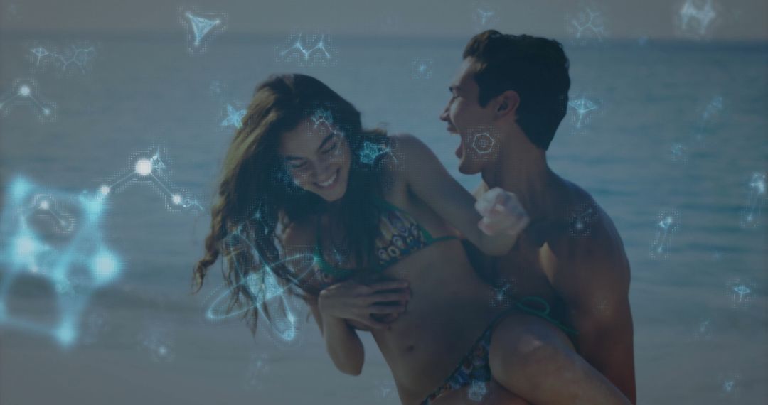 Joyful Couple Embracing Beach Romance with Futuristic Flair