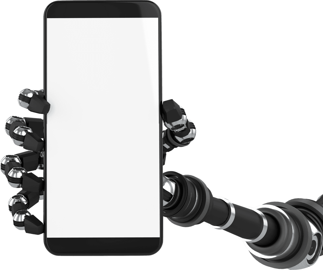 Robotic Arm Holding Smartphone Display on Transparent Background