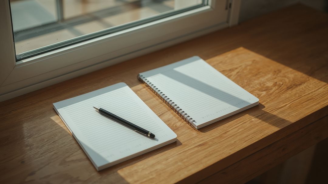 Minimalist Workspace with Notepads and Pen by Window