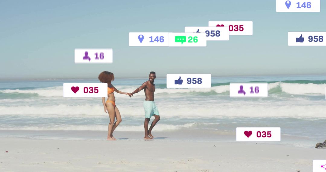 Couple Enjoying Beach Walk with Social Media Connection