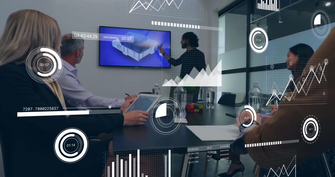 Diverse Team Analyzing Data with Digital Infographic Overlay in Office