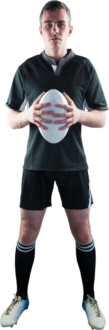 Confident Rugby Player Holding Transparent Rugby Ball