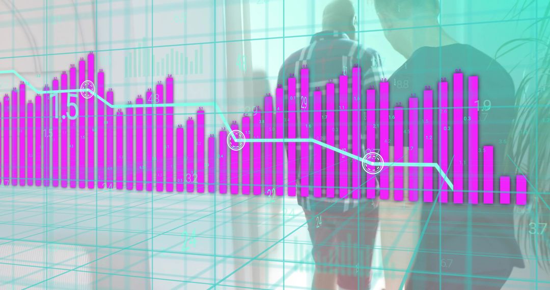 Walking Colleagues in Glass Atrium with Neon Magenta Bar Chart and Cyan Data Grid Overlay