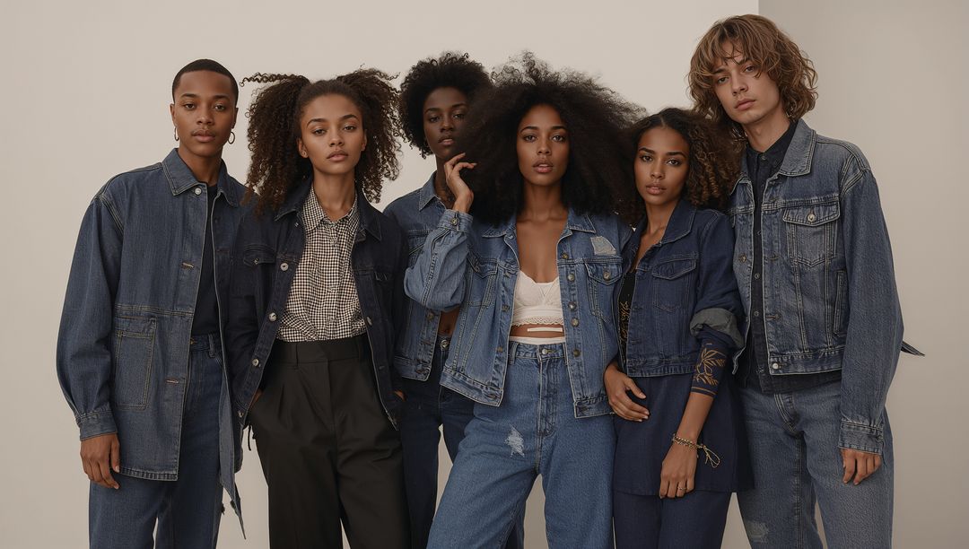 Group of Diverse Models Wearing Denim Apparel Embracing Unity