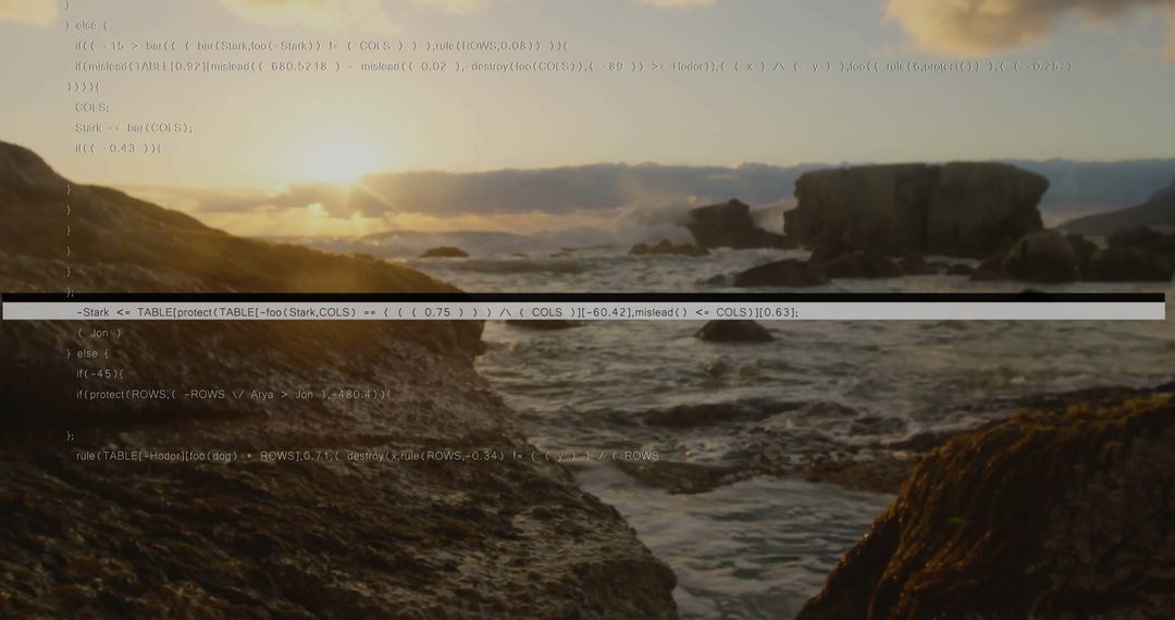 Tranquil Coastal Tide Pools at Sunset with Code Overlay