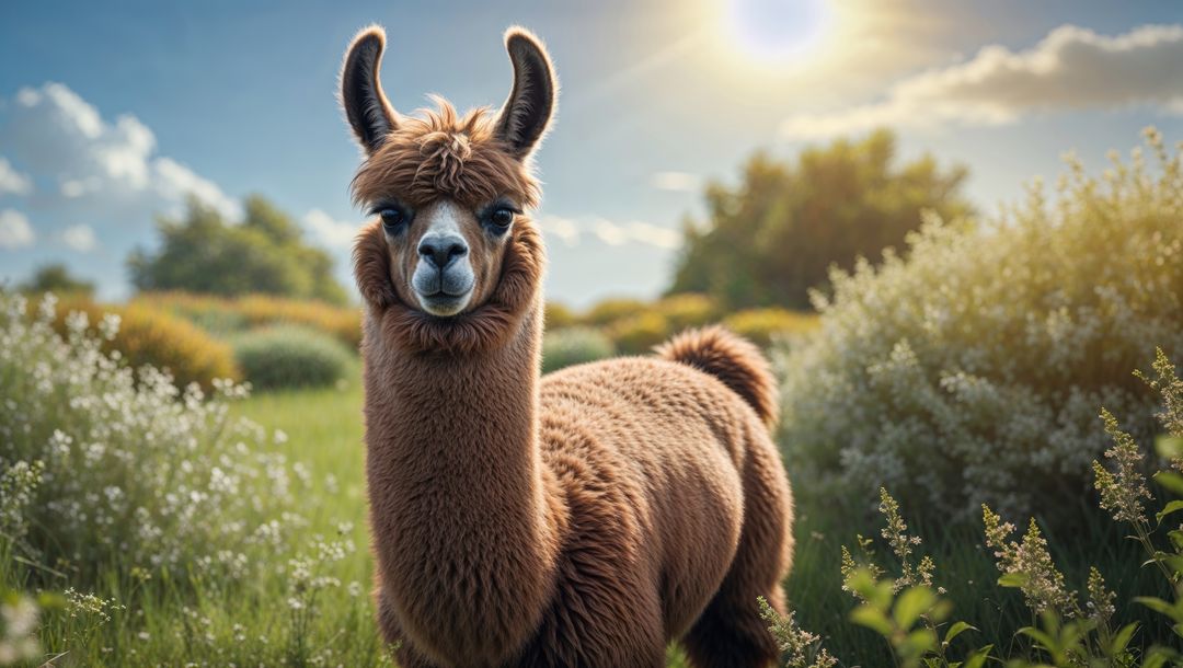 Brown llama standing in lush meadow under the sun