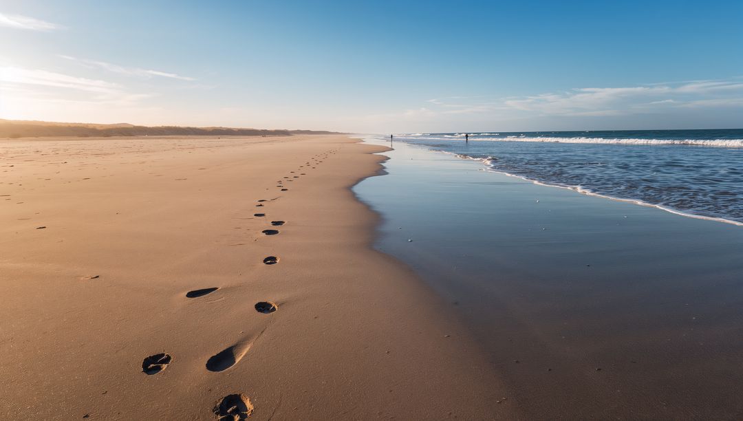 Footprints Leading to Horizon on Wet Reflective Beach at Low Tide, Golden Morning Light