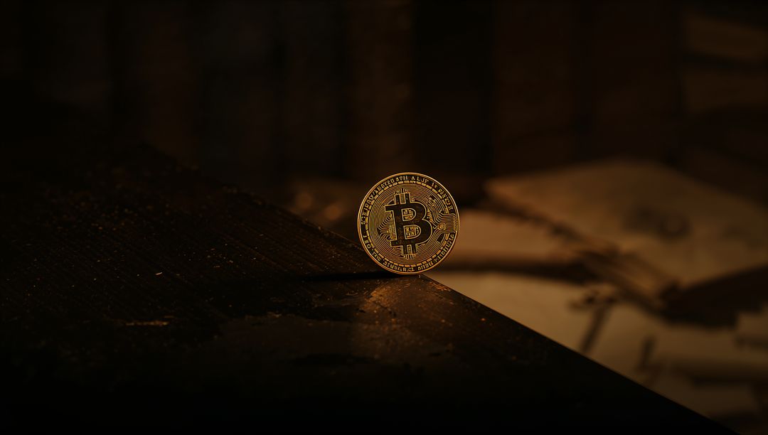 Glowing Gold Bitcoin Standing on Edge of Dark Desk with Dusty Notebook, Cinematic Lighting