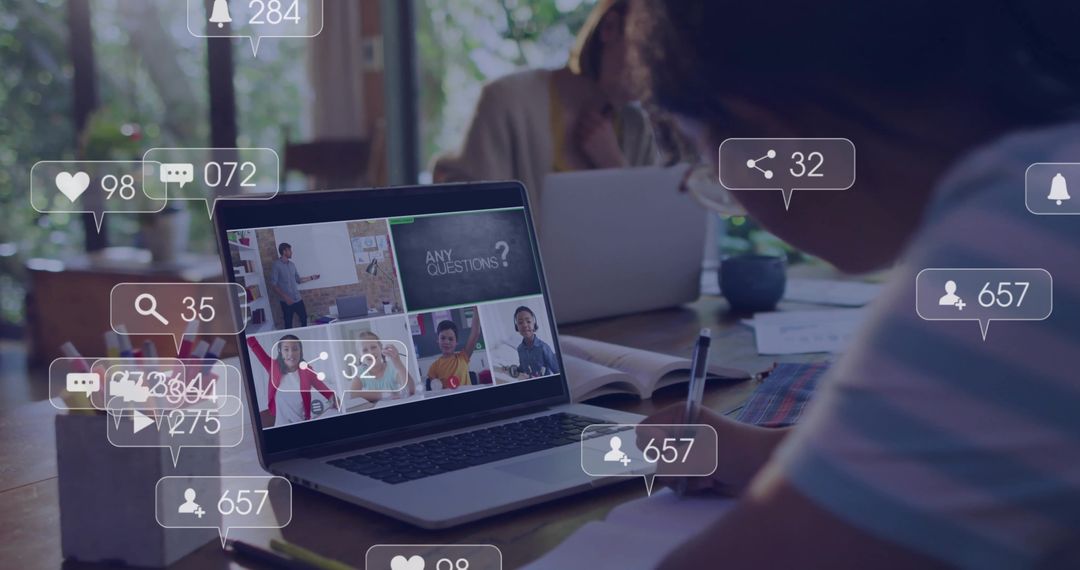 Boy taking online class at home desk with laptop, notes and notification icons overlay