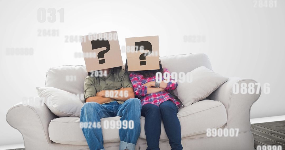 Anonymous Couple Seated with Mystery Question Marks on Boxes