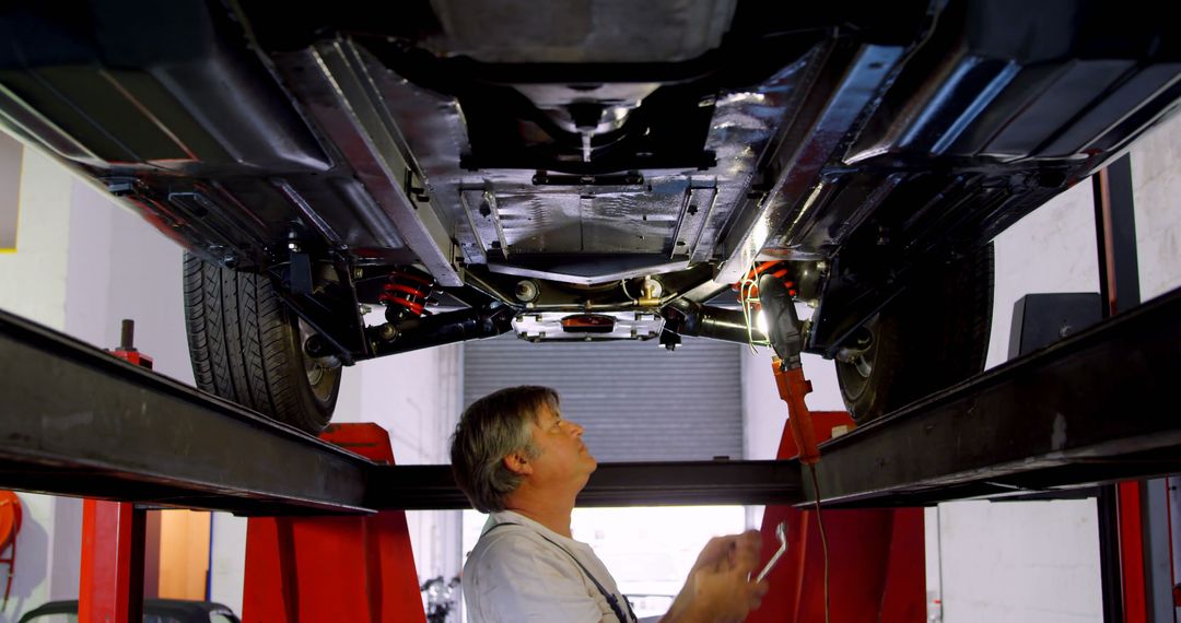 Mechanic Inspecting Vehicle Undercarriage on Lift - Free Images, Stock Photos and Pictures on Pikwizard.com