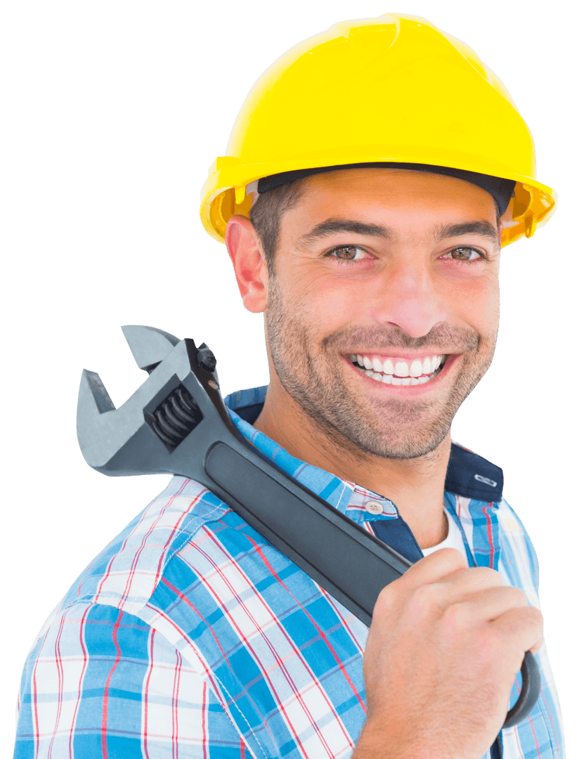 Transparent Smiling Handyman Holding Large Adjustable Spanner