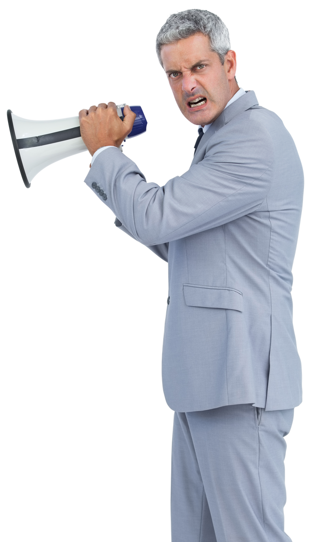 Transparent angry businessman shouting with loudspeaker wearing grey suit - Download Free Stock Images Pikwizard.com