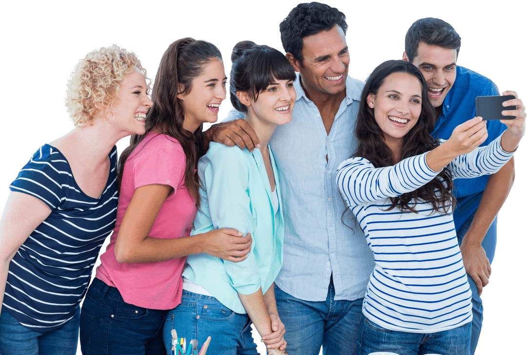 Smiling Team Taking Transparent Selfie in Casual Office Setting