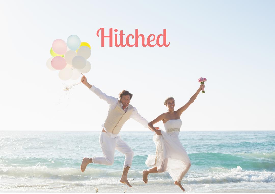 Joyful Newlyweds Jumping on Beach with Balloons and Bouquet - Free Images, Stock Photos and Pictures on Pikwizard.com