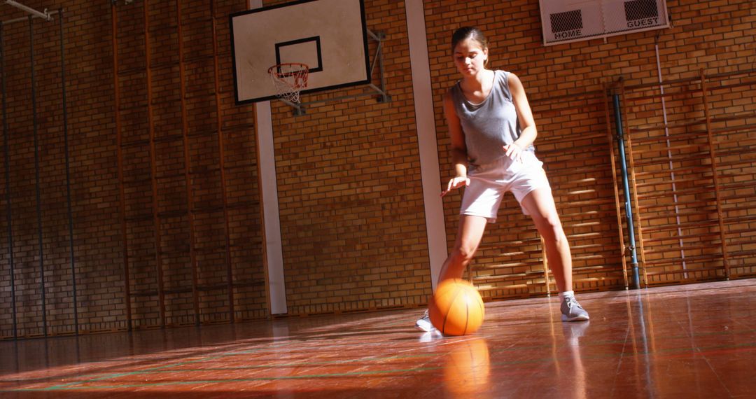 Female athlete practicing basketball dribbling in gym - Free Images, Stock Photos and Pictures on Pikwizard.com