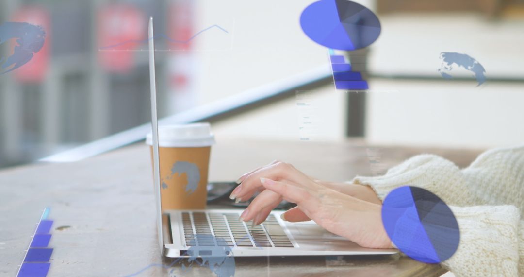 Caucasian Woman Analyzing Business Data on Laptop with Coffee