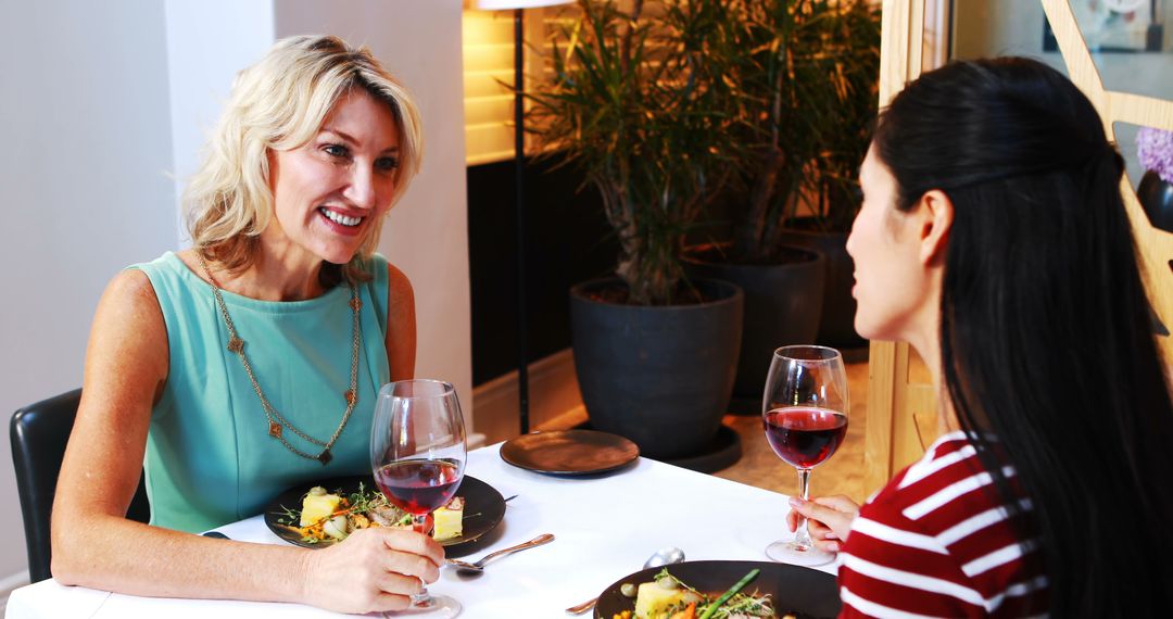 Two Women Enjoying Dinner at Restaurant,Smiling and Conversing - Free Images, Stock Photos and Pictures on Pikwizard.com