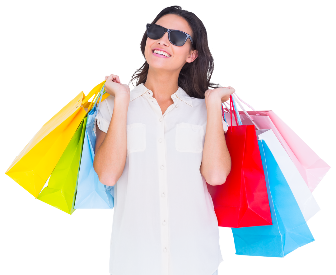 Young Woman Wearing Sunglasses Carrying Colorful Shopping Bags on White Background - Download Free Stock Images Pikwizard.com