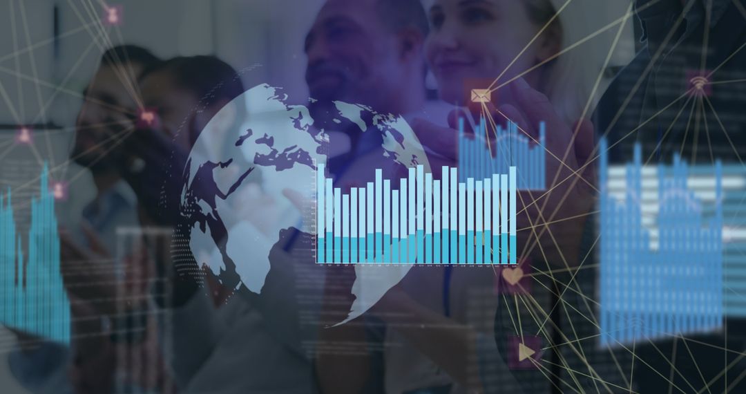 Business Professionals Applauding with Global Data Overlay