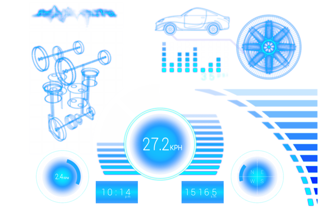 High-tech digital car display interface on transparent background